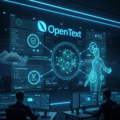 Futuristic control room with a holographic OpenText data network and researchers.