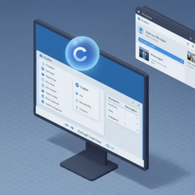 Isometric monitor showing Copilot UI with a glowing blue C orb.