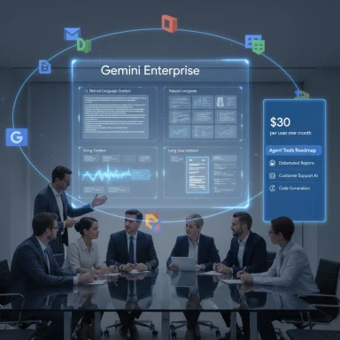 Executives review a holographic Gemini Enterprise dashboard in a conference room.