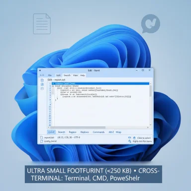 Tiny code-editor window on a Windows desktop, showcasing an ultra-small cross-terminal (~250 KB).