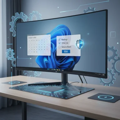 A modern desktop monitor on a desk displaying security features like Backup, TPM 2.0, and Secure Boot.