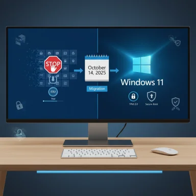 Monitor displays a Windows 11 migration infographic with October 14, 2025.