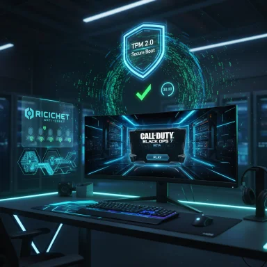Futuristic gaming setup with holographic security shield and anti-cheat display, showing Call of Duty: Black Ops 7.