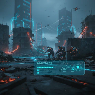 Futuristic urban battle with armored soldiers and neon holographic HUD amid a ruined city.