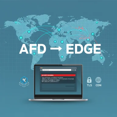 Global network map shows AFD → EDGE with TLS/CDN icons and a laptop displaying a security warning.