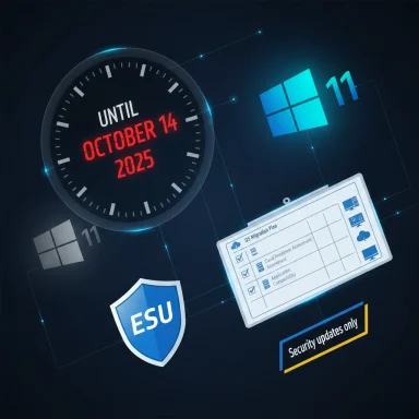 Countdown to Windows 11 ESU security updates ending October 14, 2025.