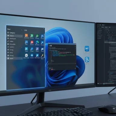 A multi-monitor desktop setup displaying Windows 11 Start menu and coding windows.