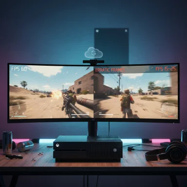 Split-screen shooter on a curved ultrawide monitor, with an Xbox console and neon-lit, cluttered gaming desk.