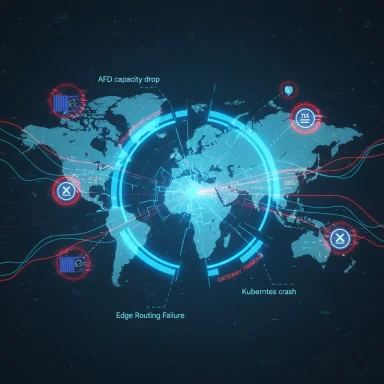 Global outage dashboard showing network failures and Kubernetes crash alerts.