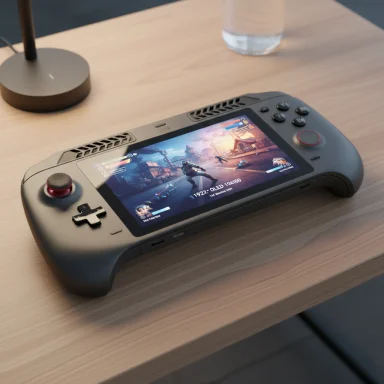 A handheld gaming console on a wooden table, showing a sci-fi action game.