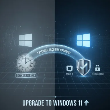 Split-screen Windows upgrade graphic highlighting security features and the message “Upgrade to Windows 11.”