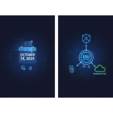 Futuristic blue tech infographic featuring Oct 14, 2025 and cloud/security icons for Windows 365.