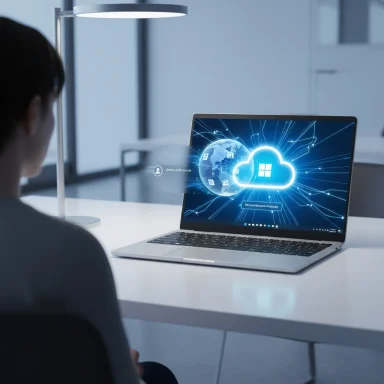 Person seated at a desk watches a laptop displaying a glowing cloud icon connected to a globe network.
