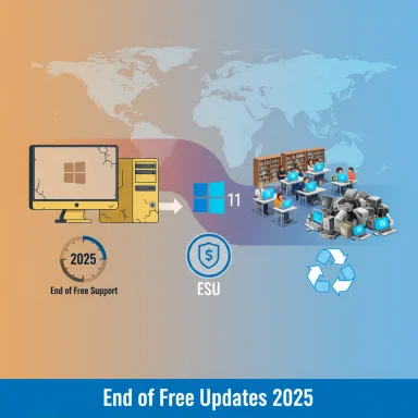 Graphic showing Windows 11 ending free updates and support in 2025 with ESU and computer recycling.
