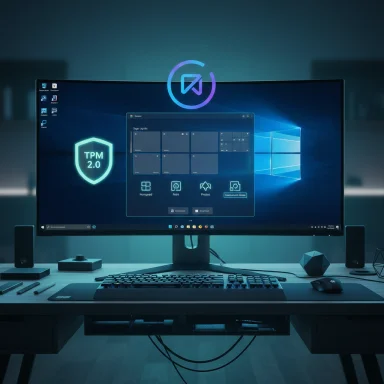 Modern desk setup with a curved monitor, Windows desktop, and neon TPM 2.0 shield glow.