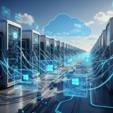 Futuristic data center with rows of servers, glowing blue holographic displays, and a cloud icon.