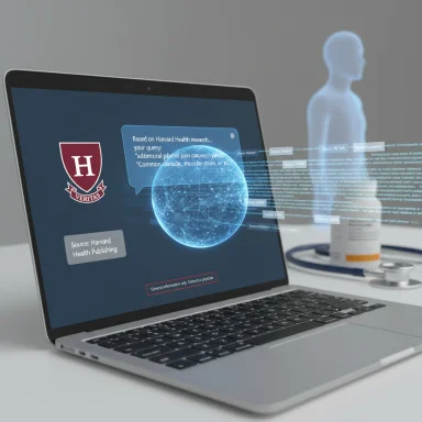 Laptop screen shows Harvard Health Publishing visuals and a glowing digital globe with medical holograms.