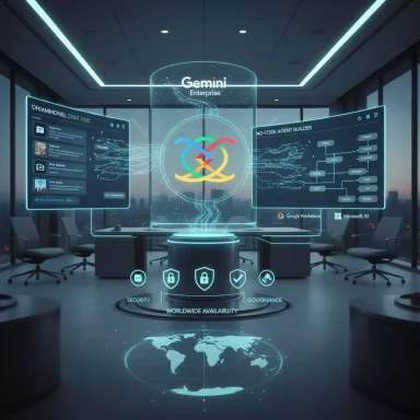 A futuristic control room with holographic Gemini Enterprise dashboards and a world map.