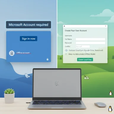 Split-screen login prompts: Microsoft account on the left, user account form on the right.