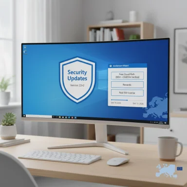 A modern monitor on a tidy desk displays a Security Updates shield labeled Version 22H2.