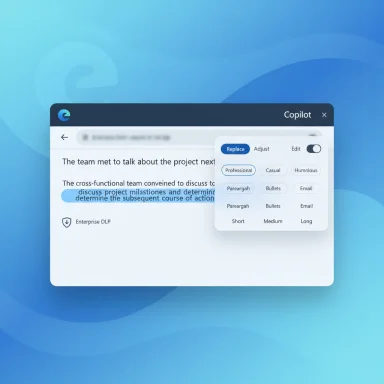 Copilot editing panel overlays a document, with highlighted text on a blue gradient background.