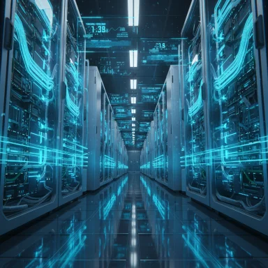 A futuristic data center with glowing blue server racks and a reflective floor.