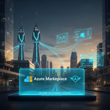 Futuristic cityscape with neon Azure Marketplace hologram and data-residency visuals.