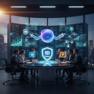 A futuristic boardroom where a friendly holographic orb guides a team amid digital charts and an ID shield.