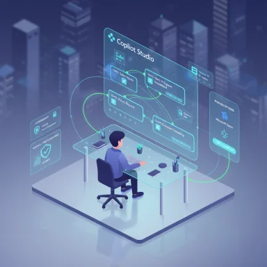 A person works at a desk with holographic screens labeled Copilot Studio in a futuristic city.