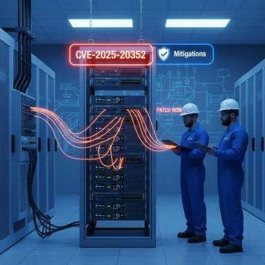Two technicians in blue overalls review servers as neon CVE-2025-20352 and Mitigations glow.