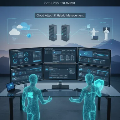 Holographic operators monitor a cloud-attached and hybrid management setup on multiple screens.