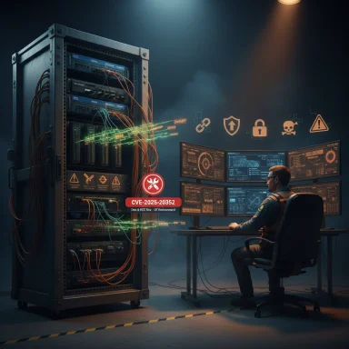 Security analyst at a multi-monitor workstation monitors a server rack with glowing data streams and a CVE alert.