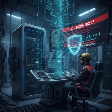 Tech worker in a helmet and safety vest monitors a CVE-2025-10217 alert in a high-tech server room.
