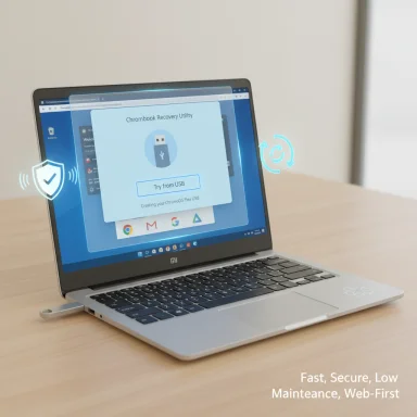 Laptop displays Chromebook Recovery Utility with a USB prompt on a wooden desk.