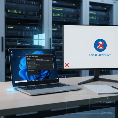 A laptop and a monitor show a Local Account warning amid data-center server racks.