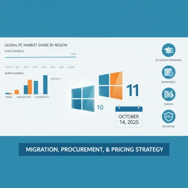 A presentation slide outlining migration, procurement, and pricing strategy with global PC market data.