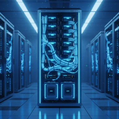 Blue-lit data center featuring a central server rack with glowing cables.