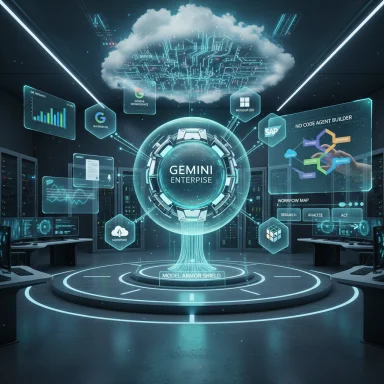 A futuristic control room featuring holographic Gemini Enterprise interfaces and cloud-driven data shields.