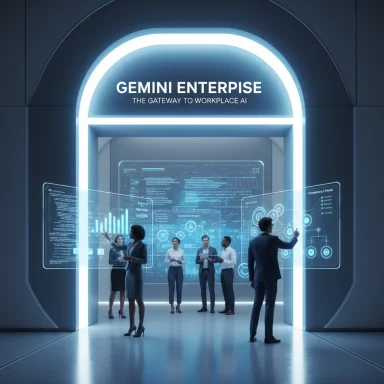 A futuristic Gemini Enterprise gateway where professionals study holographic AI dashboards.