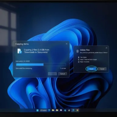 Windows desktop with two floating dialogs: copying items and deleting files, over a blue abstract wallpaper.
