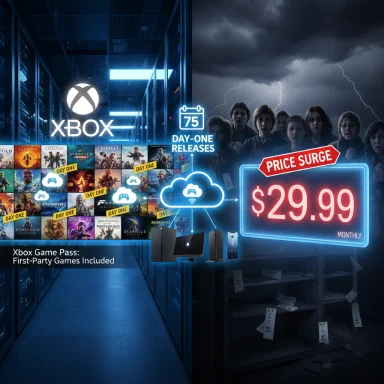 Xbox Game Pass ad with day-one titles, cloud gaming, and a price surge to $29.99/month.