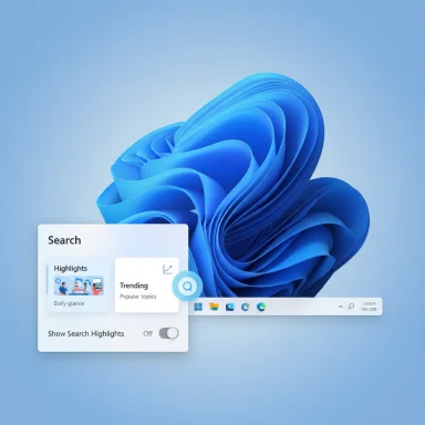 A Windows 11-style search panel floats over a blue abstract wallpaper. A Windows 11-style search panel floats over a blue abstract wallpaper.