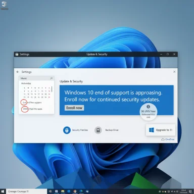 Windows 11 desktop with a Settings window announcing Windows 10 end-of-support and enrollment for updates.