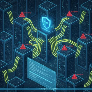 A data center scene with a central Schema Master server linked to many racks and red event alerts.