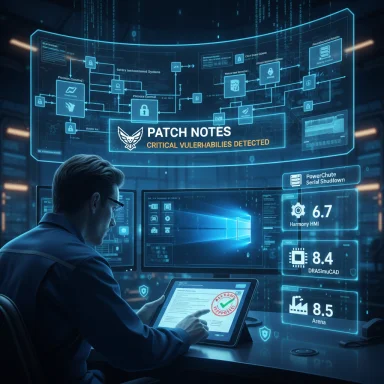 A security analyst reviews patch notes for critical vulnerabilities on a futuristic holographic display.