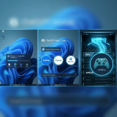 Three-panel Windows 11 UI showing AI apps and a GPU server rig.