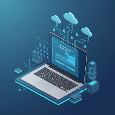 Isometric laptop connected to cloud backup with security icons and data streams.