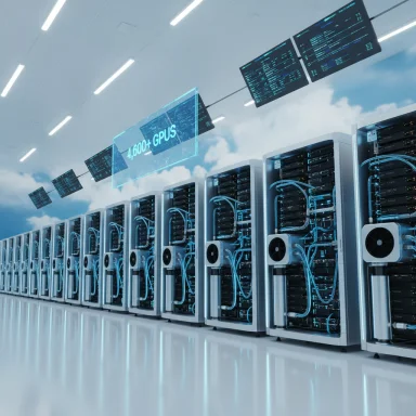Rows of server racks in a data center with a 4,600+ GPUs sign.