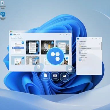 Windows 11 desktop showing a OneDrive window with floating blue tool bubbles.