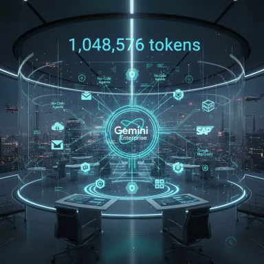Futuristic control room with a holographic Gemini Enterprise network hub and token display.